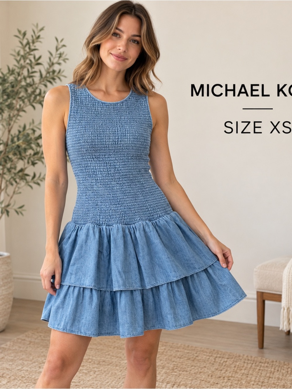 Michael Kors Blue Sleeveless Smocked Tiered Dress XS